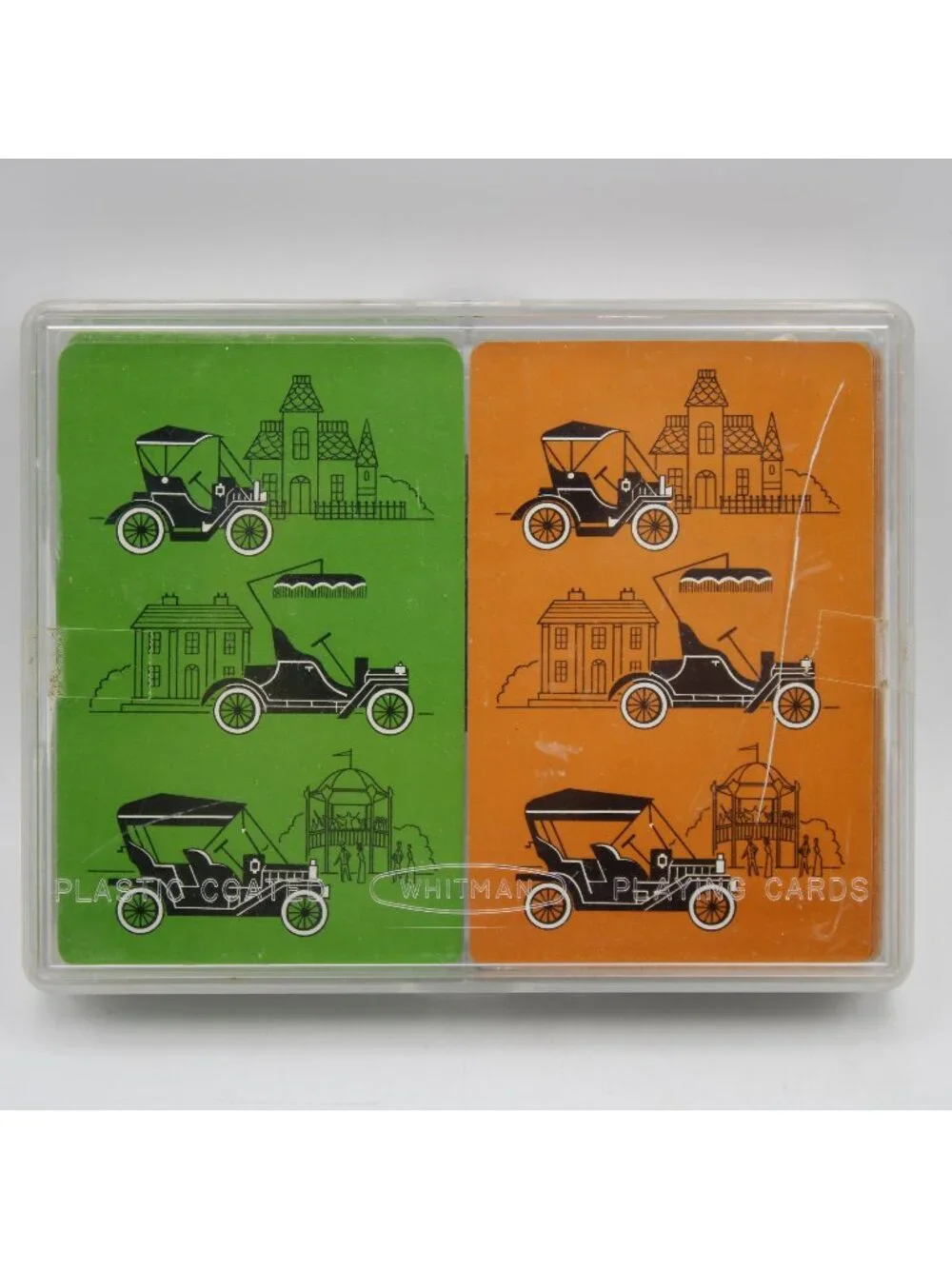 Whitman Plastic Coated Playing Cards Antique Car Automobiles Orange Green Set